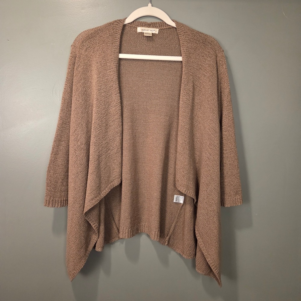 August Silk Women's Open Front Waterfall Cardigan 3/4 Sleeve‎ Size L Brown